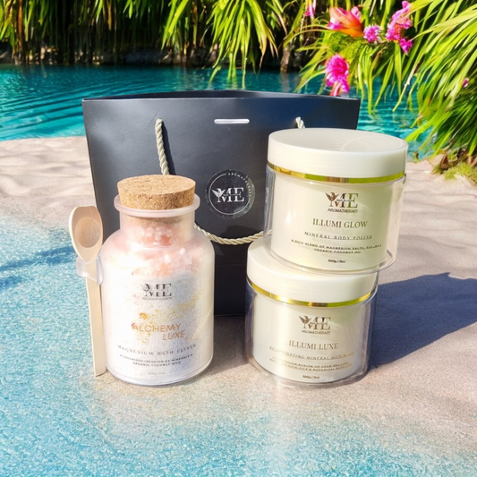 Luxury Self Pampering Trio Alchemy Luxe Bath Elixer Illumi Glow Mineral Boby Polish Illumi Luxe Rejuvenating Mineral Mud Mask & Gift Bag, Front View